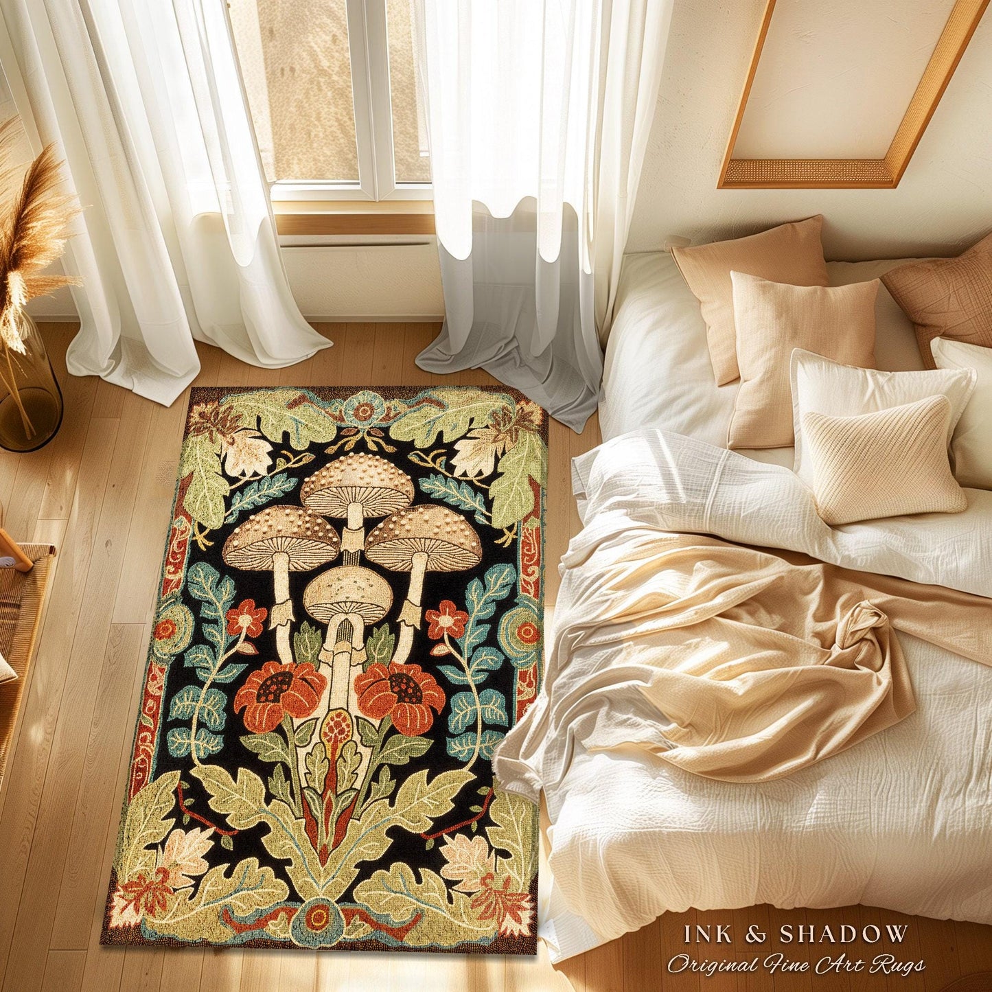 Midcentury Mushroom Rug | 70s Aesthetic Bedroom Boho Living Room Home Decor Mushroom Lover Gift Cottagecore Earth Tone Woodland Area Rug |