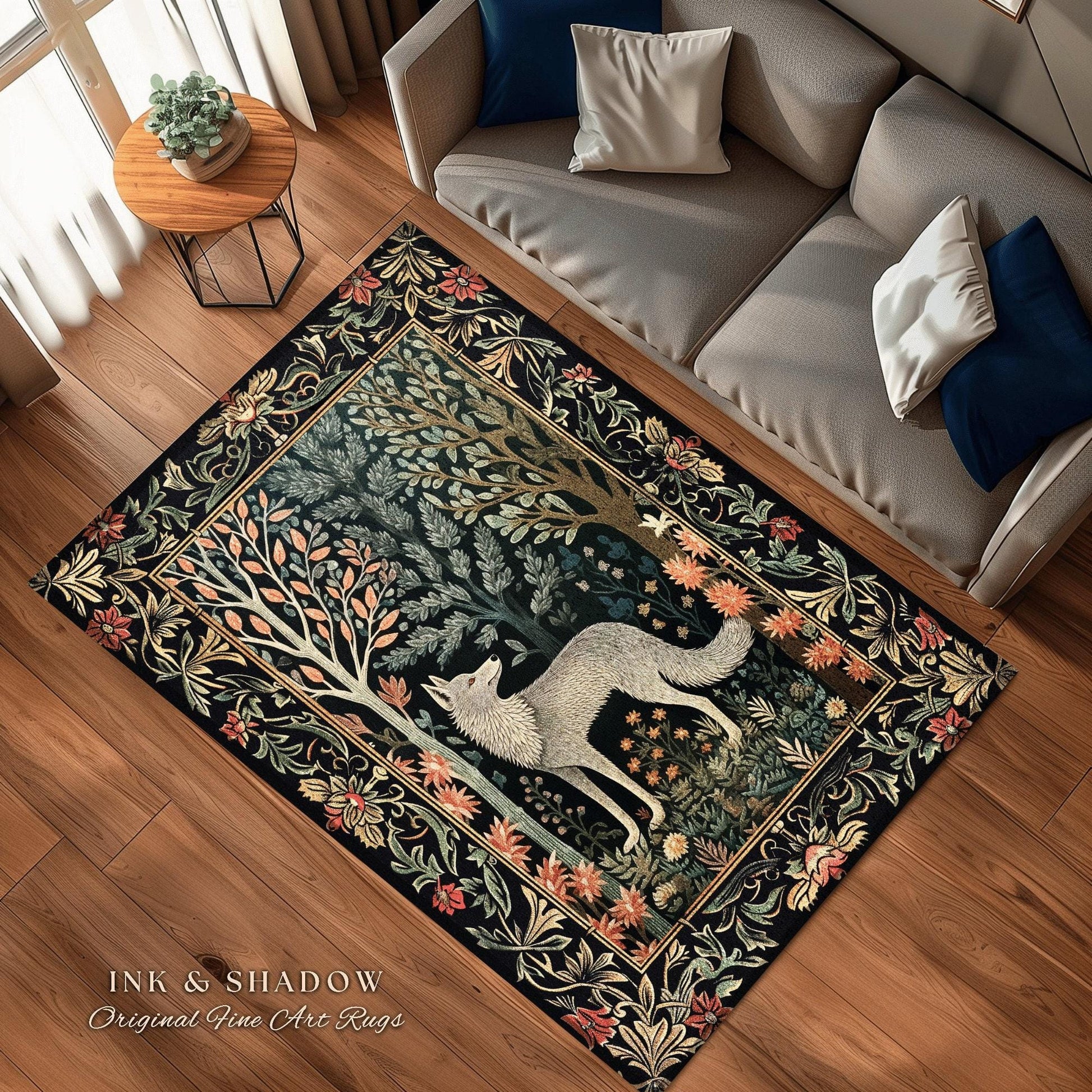 Woodland Floral Scandi Round Wolf Rug Morris Inspired Forest Cottagecore | Fairycore Bedroom Magical Nature Whimsical Scandinavian Wolf Rug