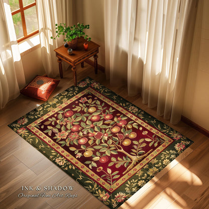 Pomegranate Tree Medieval Rug | Fruitful Aesthetic Living Room Moroccan Home Decor Rustic Housewarming Gift Cottagecore Nature Bedroom |