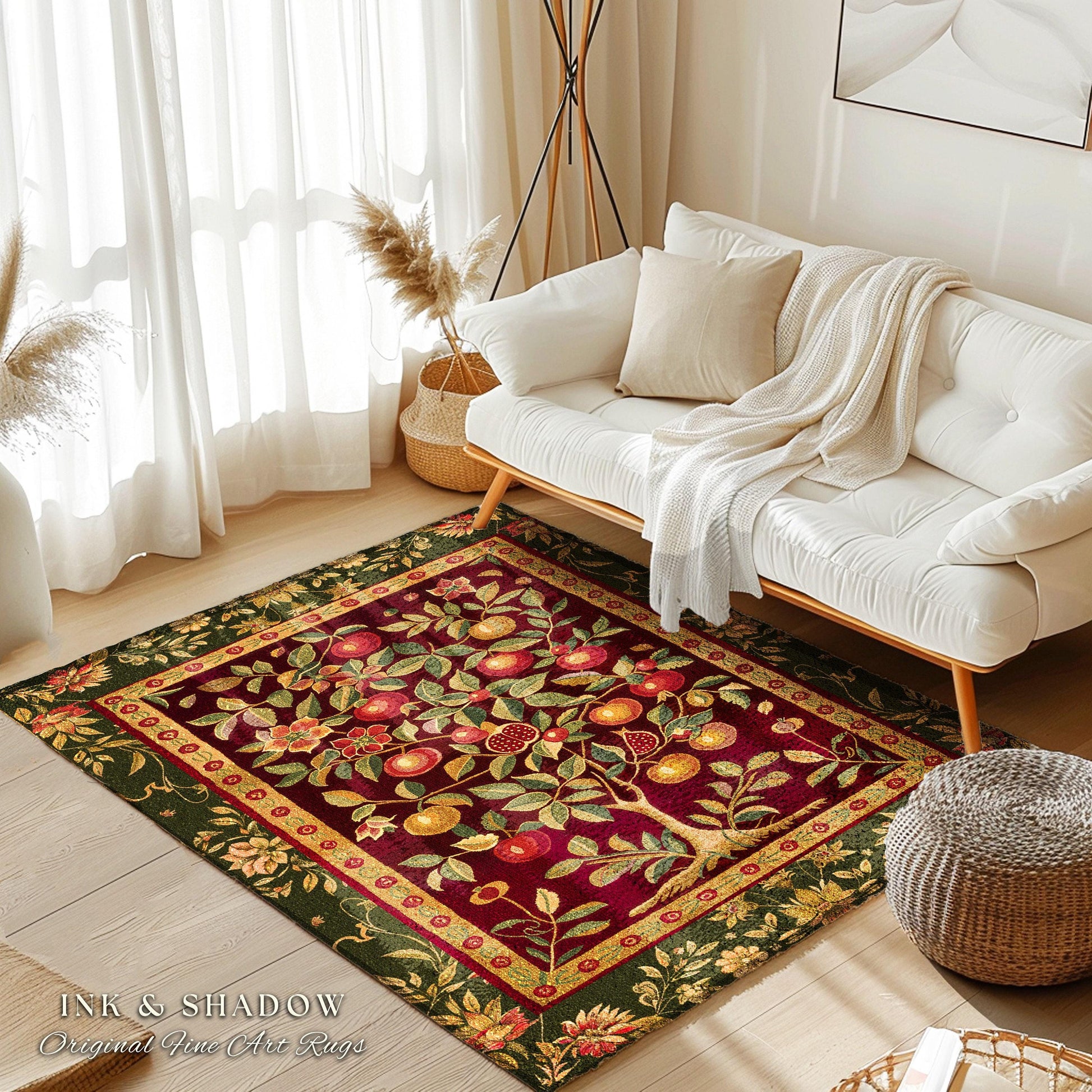 Pomegranate Tree Medieval Rug | Fruitful Aesthetic Living Room Moroccan Home Decor Rustic Housewarming Gift Cottagecore Nature Bedroom |