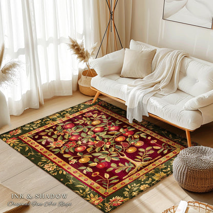 Pomegranate Tree Medieval Rug | Fruitful Aesthetic Living Room Moroccan Home Decor Rustic Housewarming Gift Cottagecore Nature Bedroom |