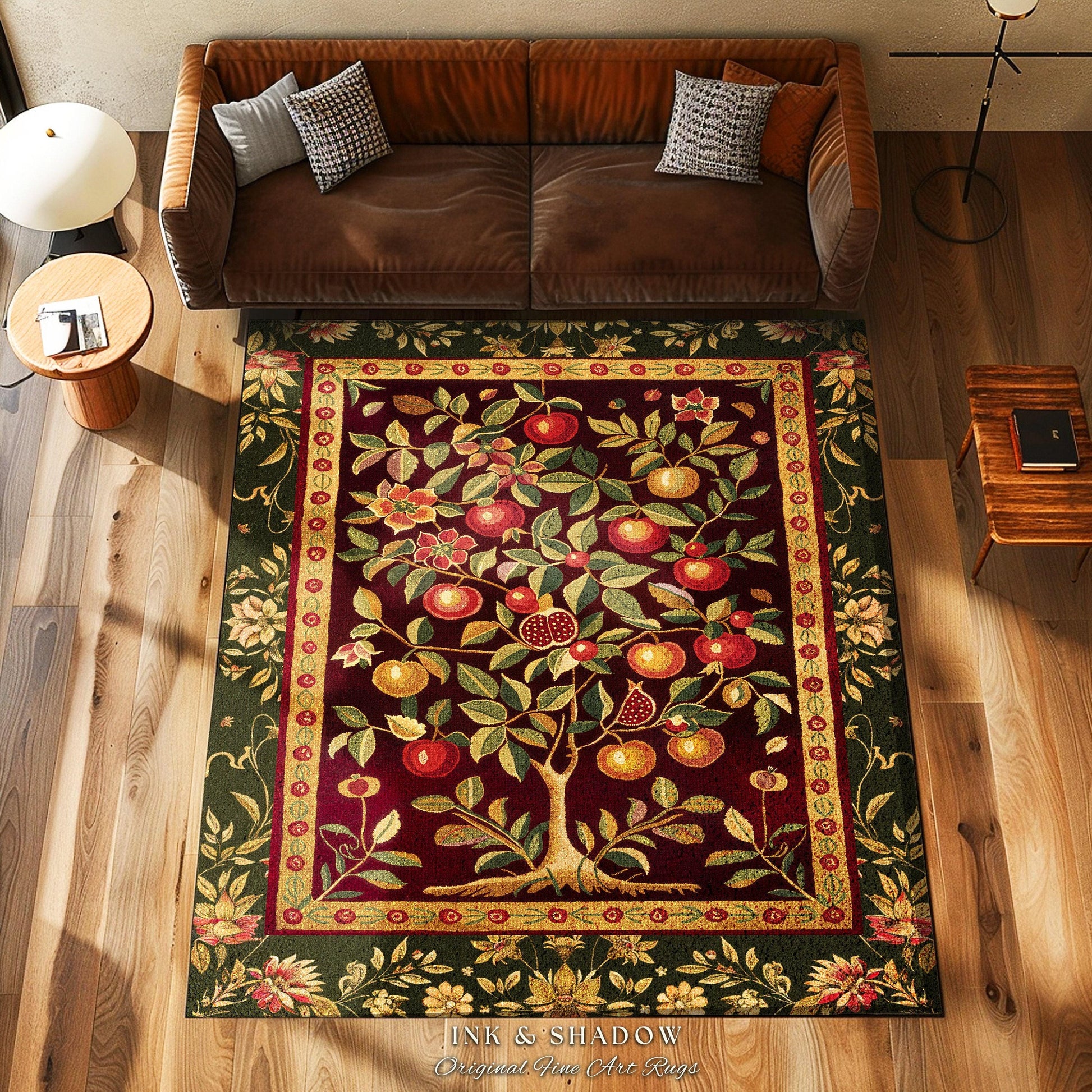 Pomegranate Tree Medieval Rug | Fruitful Aesthetic Living Room Moroccan Home Decor Rustic Housewarming Gift Cottagecore Nature Bedroom |
