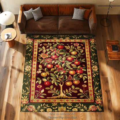 Pomegranate Tree Medieval Rug | Fruitful Aesthetic Living Room Moroccan Home Decor Rustic Housewarming Gift Cottagecore Nature Bedroom |