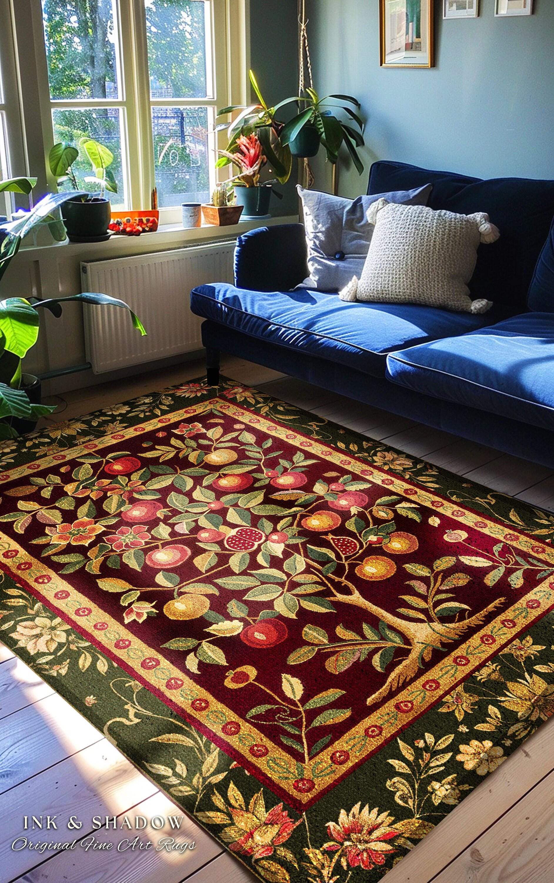Pomegranate Tree Medieval Rug | Fruitful Aesthetic Living Room Moroccan Home Decor Rustic Housewarming Gift Cottagecore Nature Bedroom |