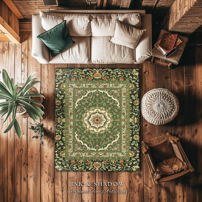 Boho Olive Green Floor Rug | Classic Ornate Victorian Rug With Sage Green Detail Accent Bohemian Aesthetic For Cozy Reading Nook Boho Style