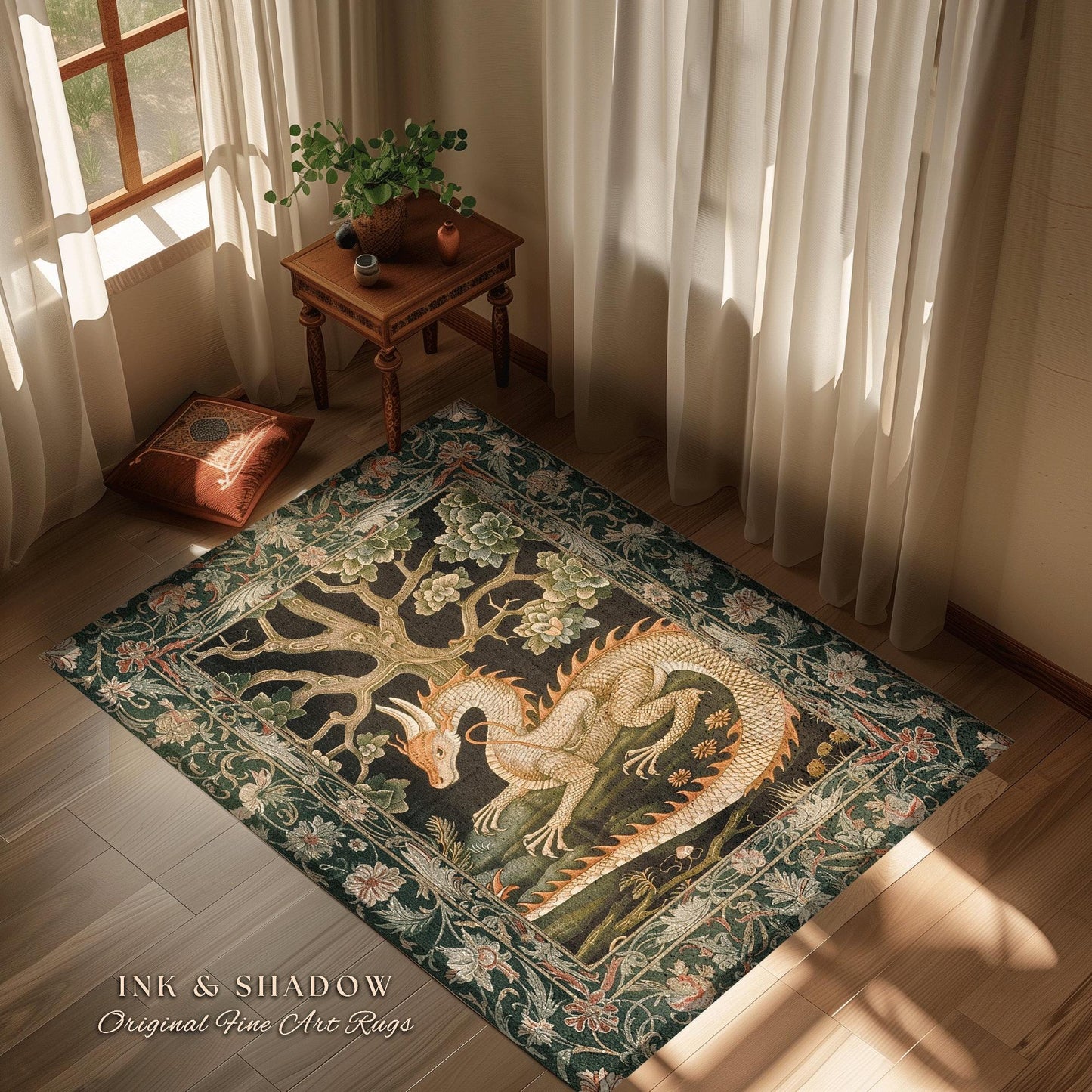 Enchanted Woods Dragon Rug | Medieval Aesthetic Fairytale Nursery Decor Morris Style Cottagecore Fairycore Bedroom Mystical Woodland Dragon