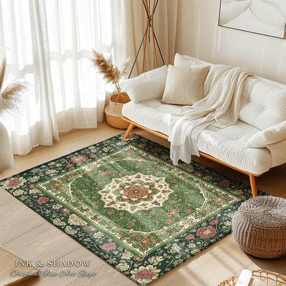 Jade Green Statement Rug | Classic Ornate Victorian Rug with Green Detail Peachy Accent Bohemian Aesthetic for Cozy Reading Nook Boho Design