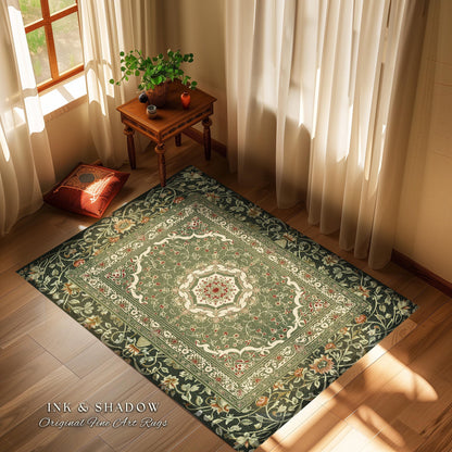 Boho Olive Green Floor Rug | Classic Ornate Victorian Rug With Sage Green Detail Accent Bohemian Aesthetic For Cozy Reading Nook Boho Style