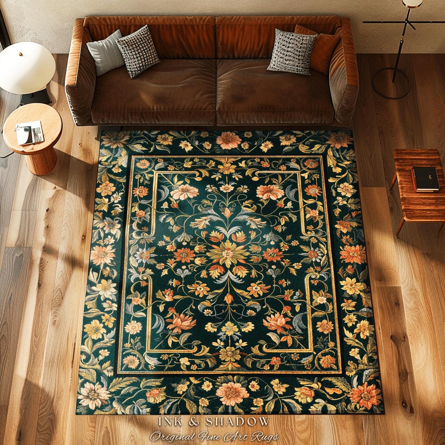 Dark Floral Living Room Rug | Wildflower Aesthetic Ornate Gothic Home Decor Rustic Boho Housewarming Gift Dark Academia Bedroom Folklore Art