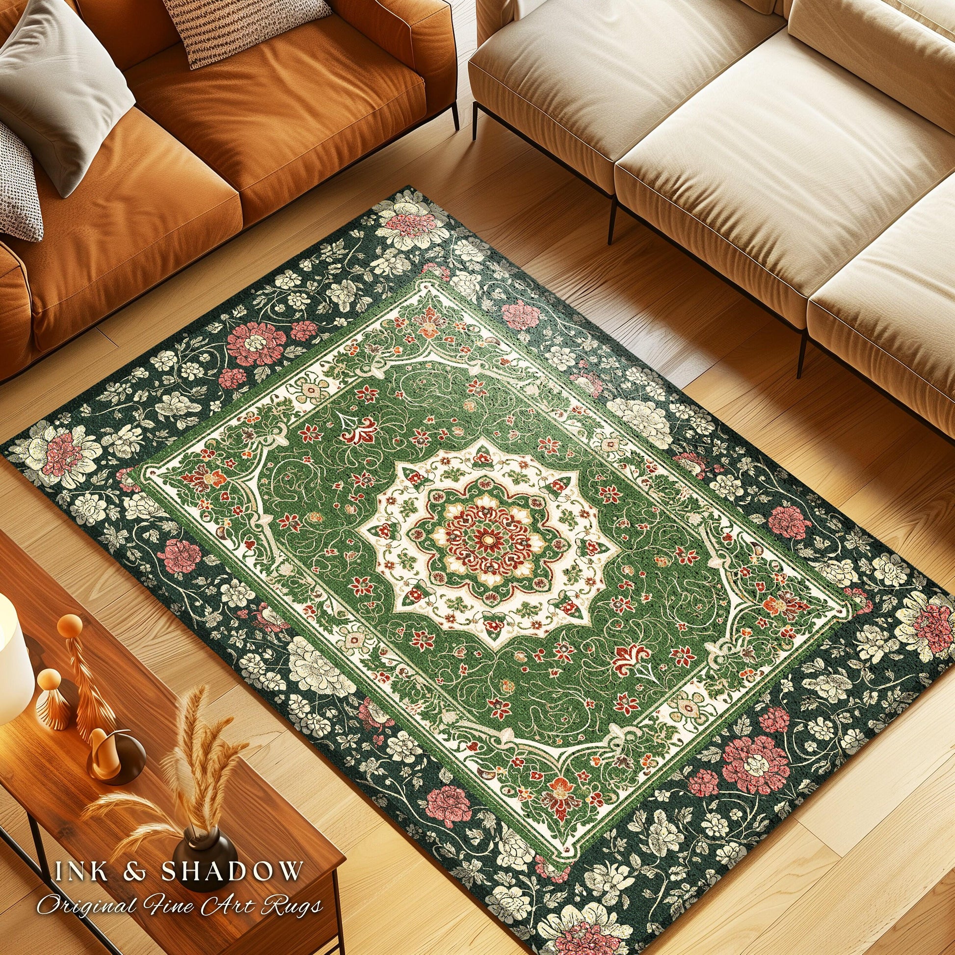 Jade Green Statement Rug | Classic Ornate Victorian Rug with Green Detail Peachy Accent Bohemian Aesthetic for Cozy Reading Nook Boho Design