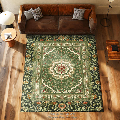 Boho Olive Green Floor Rug | Classic Ornate Victorian Rug With Sage Green Detail Accent Bohemian Aesthetic For Cozy Reading Nook Boho Style