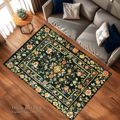 Dark Floral Living Room Rug | Wildflower Aesthetic Ornate Gothic Home Decor Rustic Boho Housewarming Gift Dark Academia Bedroom Folklore Art