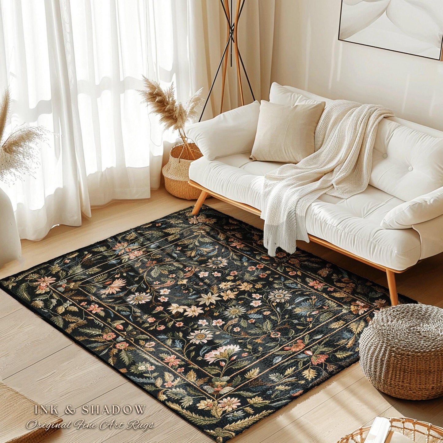 Floral Folk Art Area Rug | Scandinavian Wildflower Aesthetic Danish Pastel Home Decor Rustic Housewarming Gift Fairycore Bedroom Folklore |