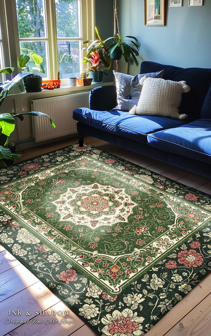 Jade Green Round Statement Rug | Classic Ornate Victorian Rug with Green Detail Peachy Accent Bohemian Aesthetic for Cozy Reading Nook Boho