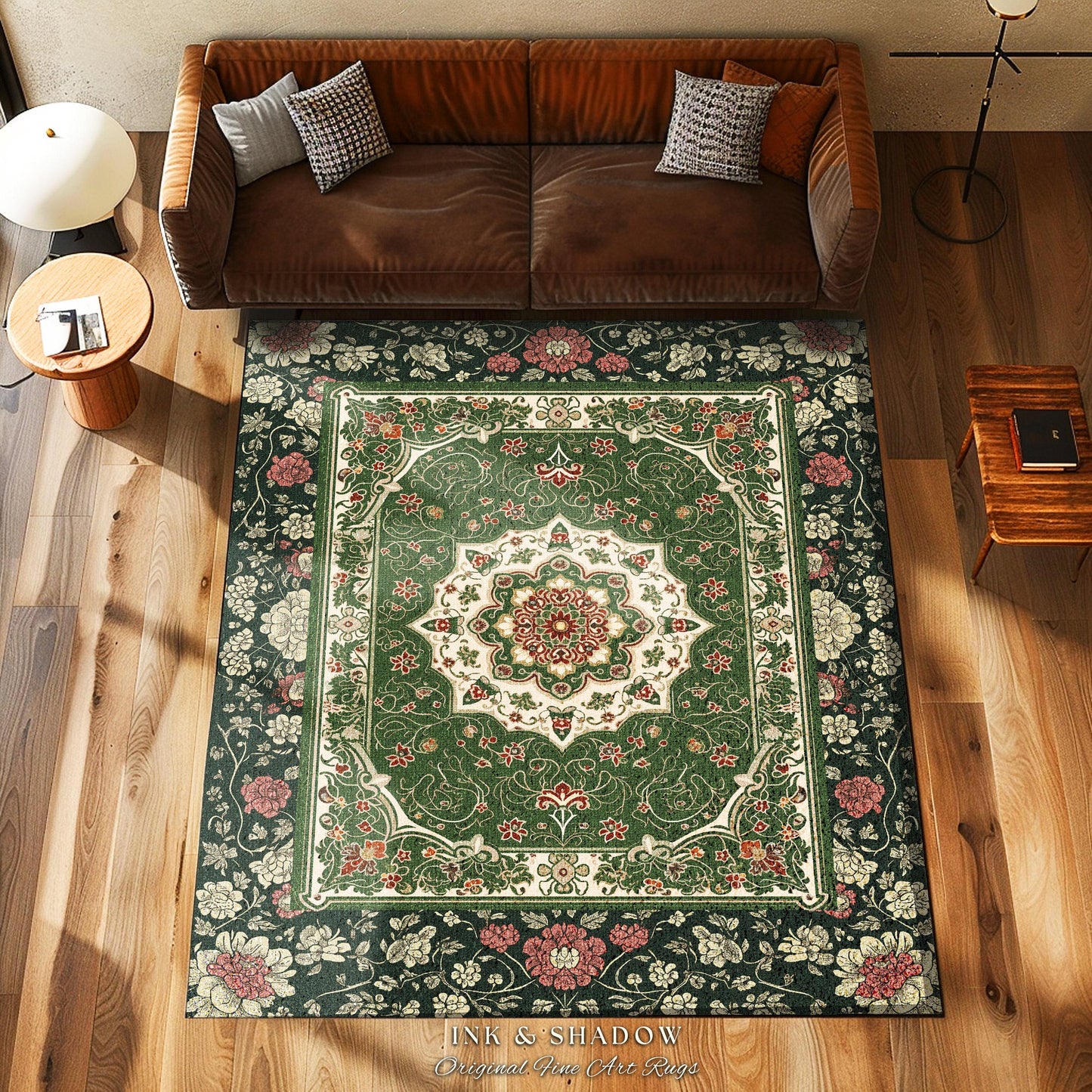 Jade Green Round Statement Rug | Classic Ornate Victorian Rug with Green Detail Peachy Accent Bohemian Aesthetic for Cozy Reading Nook Boho