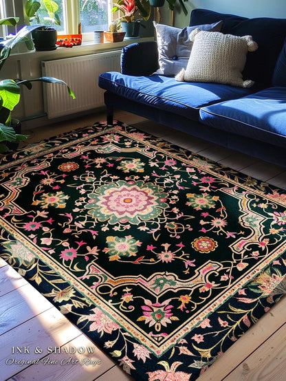 Pink Persian Mosaic Floral Rug Turkish Floral Dark Cottagecore Aesthetic Rug Common Room Home Decor Housewarming Gift Floral Bedroom Mat