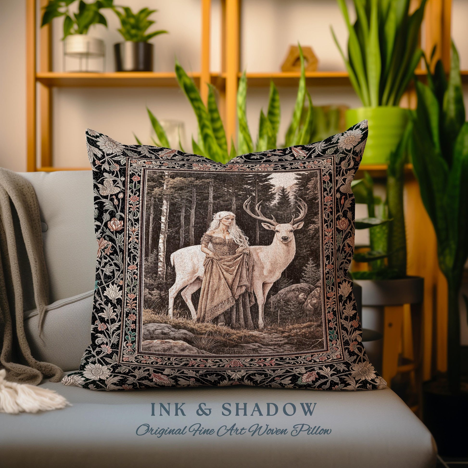 Enchanting Forest Spirit Pillow | Magical Meadow Fairycore Woven Tapestry Pillow Ethereal Woodland Princess Renaissance Aesthetic Gothic |
