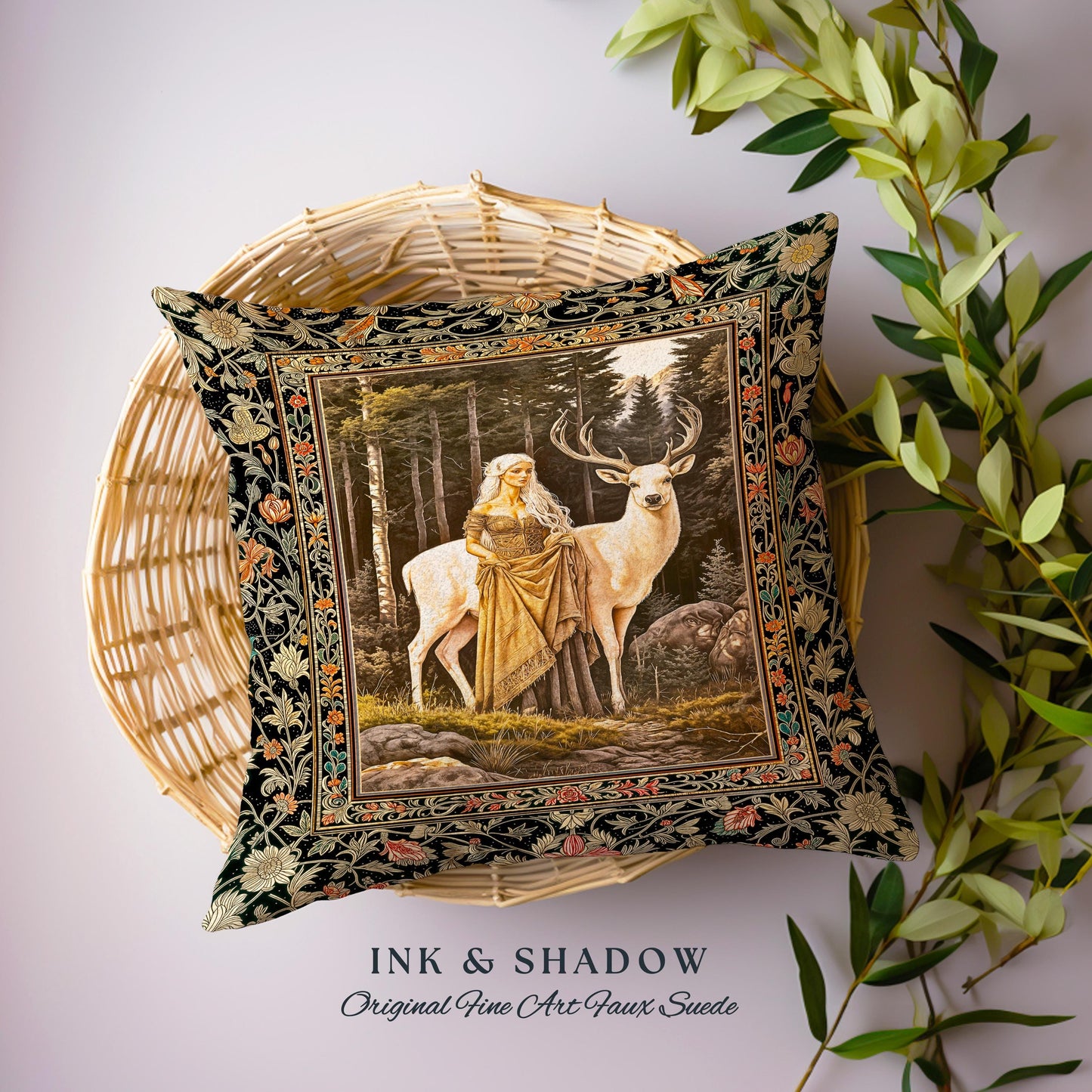 Enchanting Forest Spirit Pillow | Magical Meadow Fairycore Woven Tapestry Pillow Ethereal Woodland Princess Renaissance Aesthetic Gothic |
