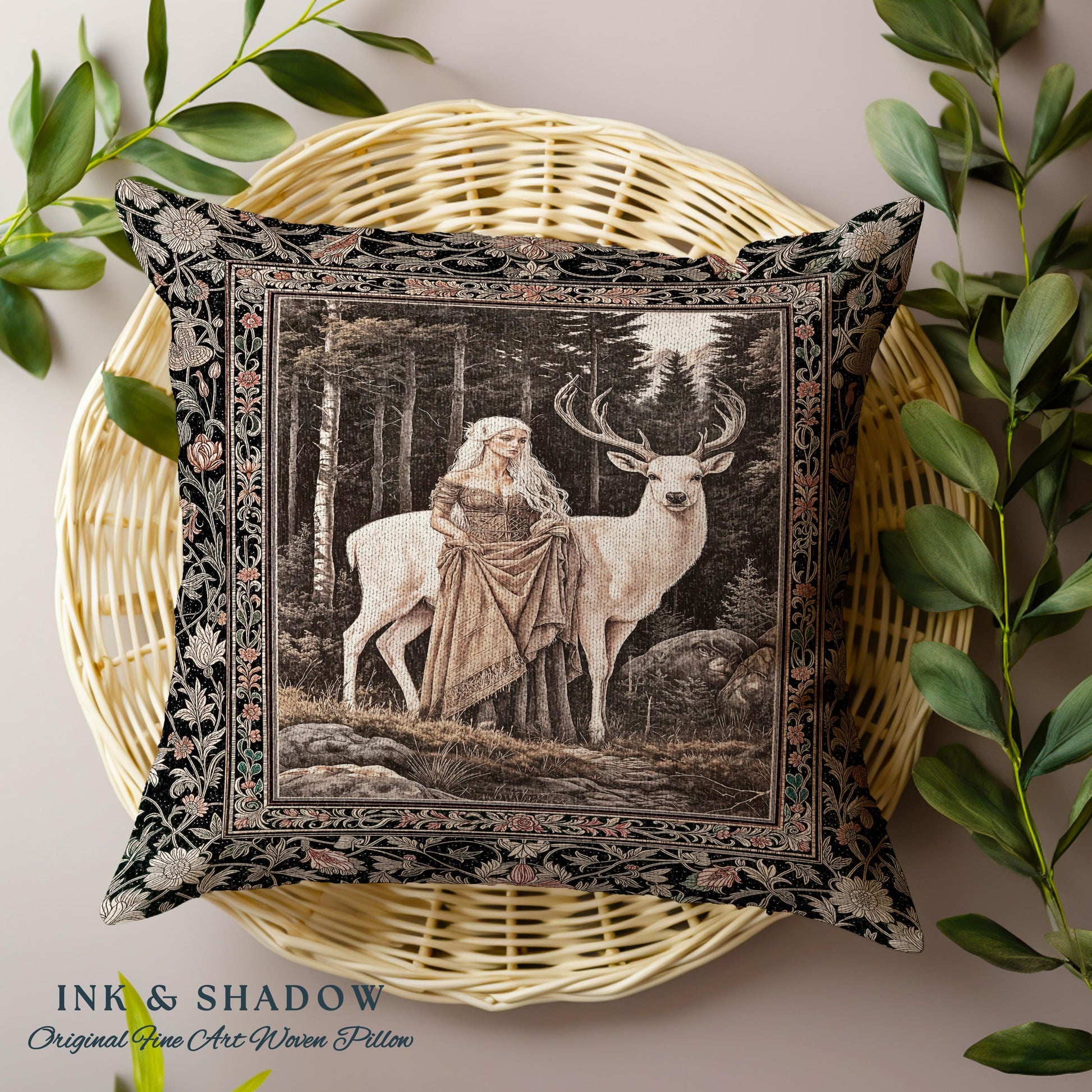 Enchanting Forest Spirit Pillow | Magical Meadow Fairycore Woven Tapestry Pillow Ethereal Woodland Princess Renaissance Aesthetic Gothic |