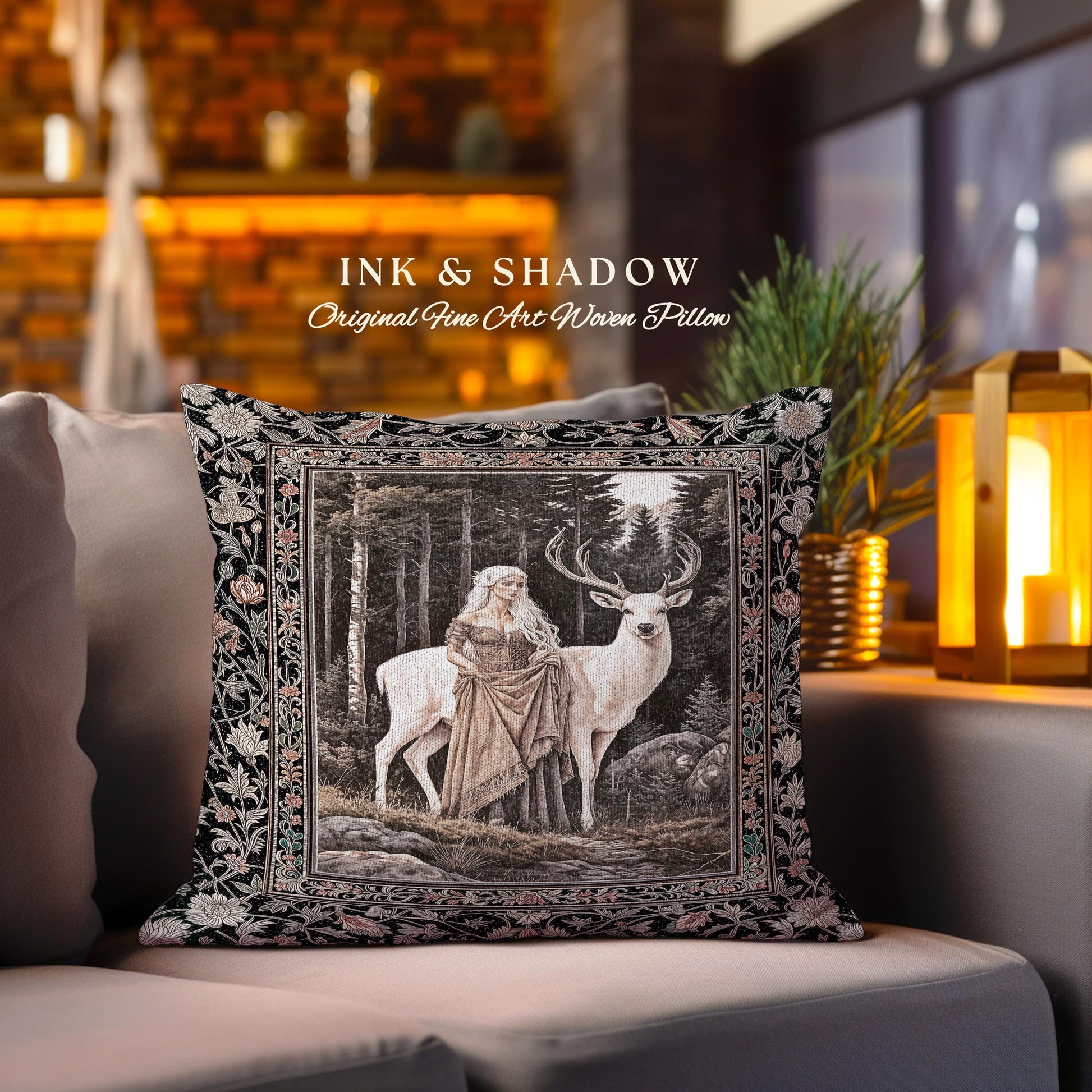 Enchanting Forest Spirit Pillow | Magical Meadow Fairycore Woven Tapestry Pillow Ethereal Woodland Princess Renaissance Aesthetic Gothic |