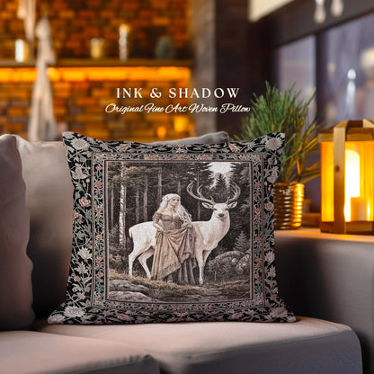 Enchanting Forest Spirit Pillow | Magical Meadow Fairycore Woven Tapestry Pillow Ethereal Woodland Princess Renaissance Aesthetic Gothic |