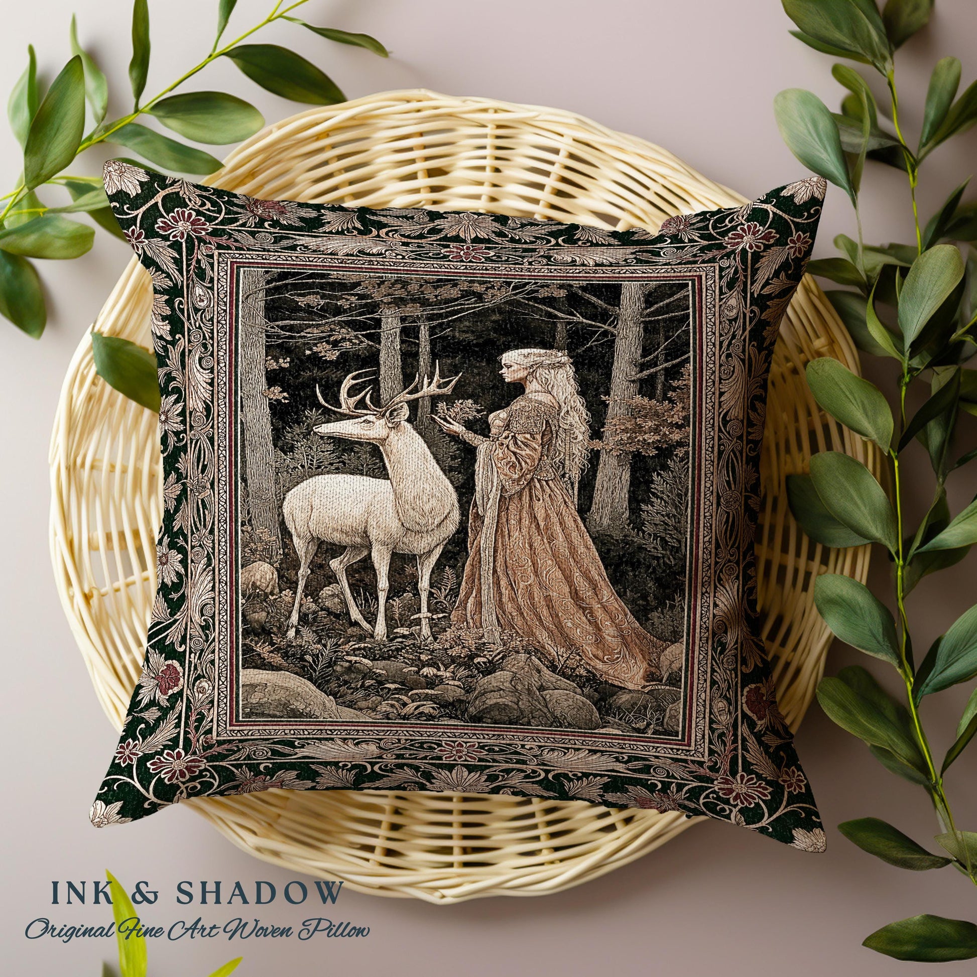 Elven Princess Mystic Woodland Pillow | Forest Nymph Renaissance Aesthetic Fairycore Tapestry Cushion Magic Gothic Woods Ethereal Victorian