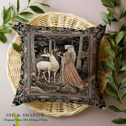 Elven Princess Mystic Woodland Pillow | Forest Nymph Renaissance Aesthetic Fairycore Tapestry Cushion Magic Gothic Woods Ethereal Victorian