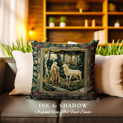 Emerald Forest Spirits Throw Pillow | Botanical Elegance Woodland Spirits Dark Green Cushion Goth Fairycore Romantic Aesthetic Gothic Deer