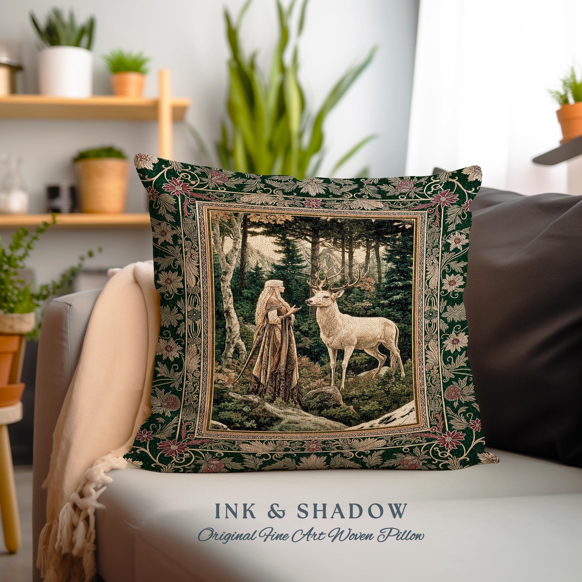 Emerald Forest Spirits Throw Pillow | Botanical Elegance Woodland Spirits Dark Green Cushion Goth Fairycore Romantic Aesthetic Gothic Deer