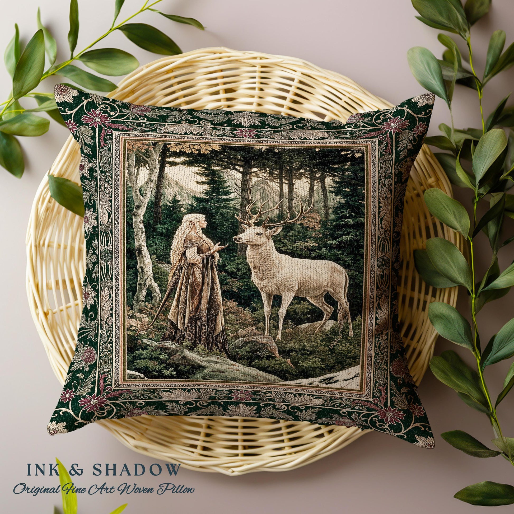 Emerald Forest Spirits Throw Pillow | Botanical Elegance Woodland Spirits Dark Green Cushion Goth Fairycore Romantic Aesthetic Gothic Deer