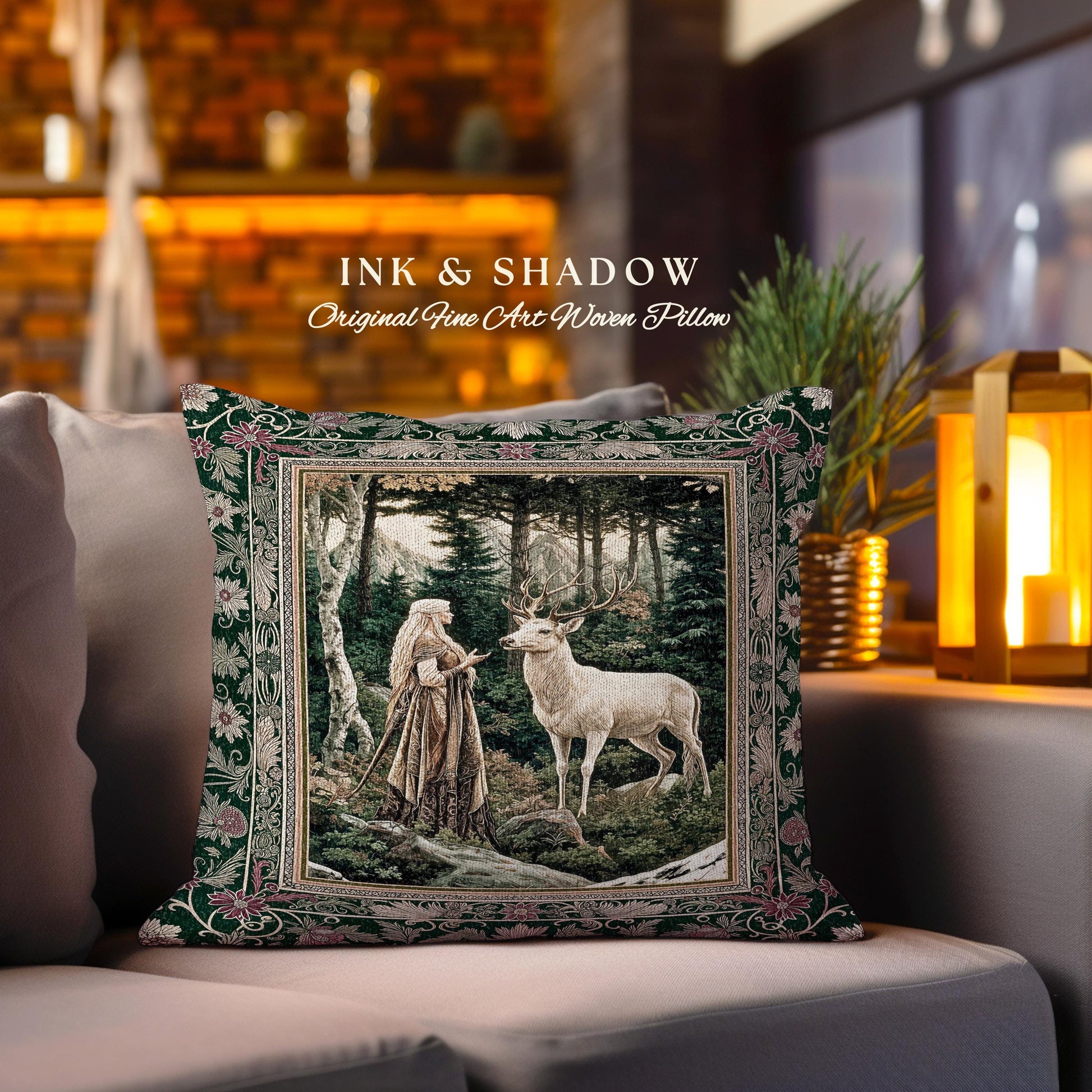 Emerald Forest Spirits Throw Pillow | Botanical Elegance Woodland Spirits Dark Green Cushion Goth Fairycore Romantic Aesthetic Gothic Deer