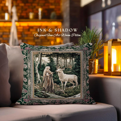 Emerald Forest Spirits Throw Pillow | Botanical Elegance Woodland Spirits Dark Green Cushion Goth Fairycore Romantic Aesthetic Gothic Deer