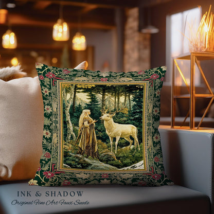 Emerald Forest Spirits Throw Pillow | Botanical Elegance Woodland Spirits Dark Green Cushion Goth Fairycore Romantic Aesthetic Gothic Deer