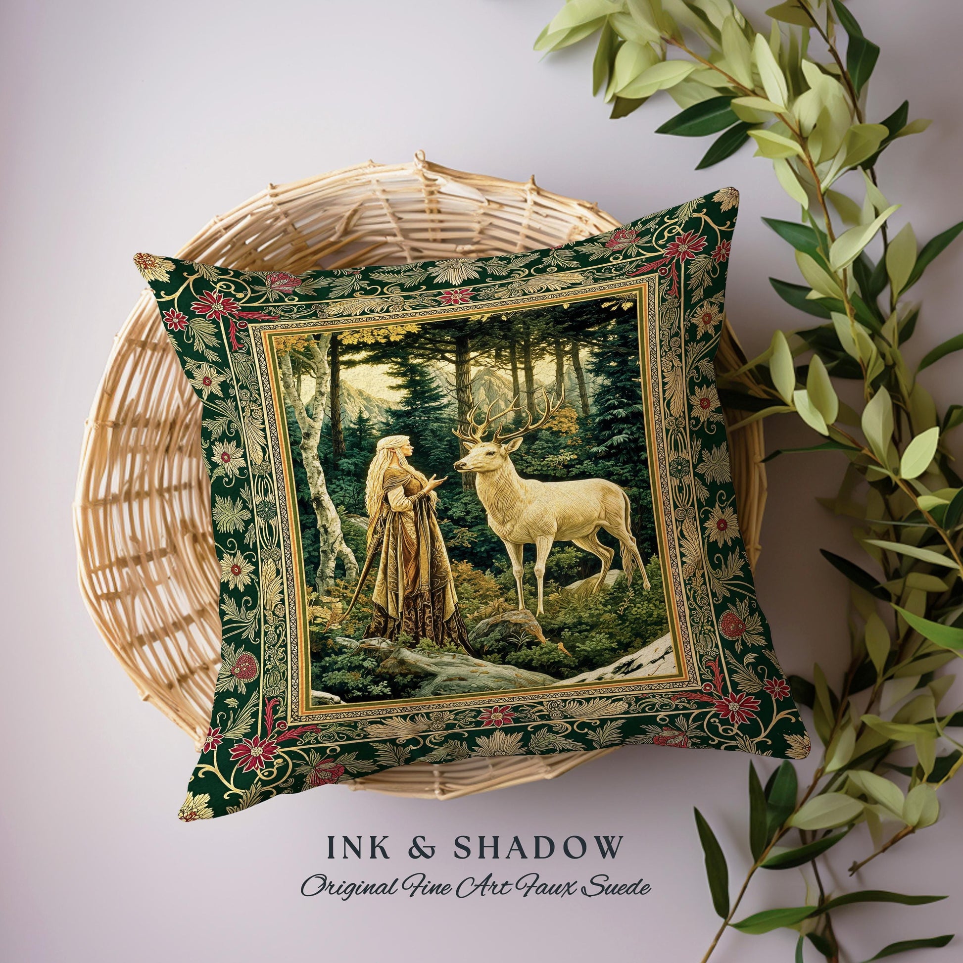 Emerald Forest Spirits Throw Pillow | Botanical Elegance Woodland Spirits Dark Green Cushion Goth Fairycore Romantic Aesthetic Gothic Deer