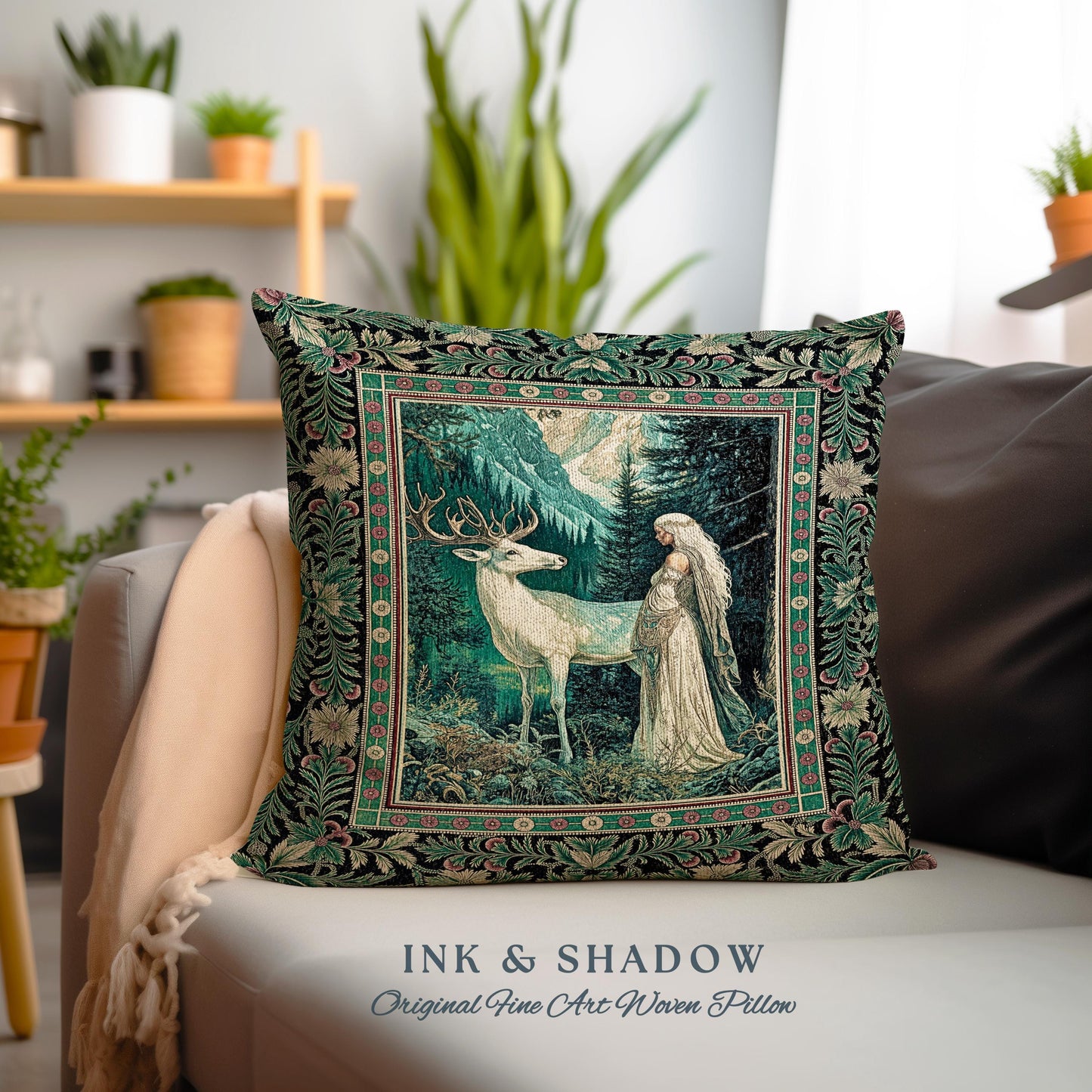 Magic Forest Princess Woven Throw Pillow | Fairytale Fantasy Renaissance Dark Academia Forest Ethereal Woodland Folklore Tapestry Cushion |