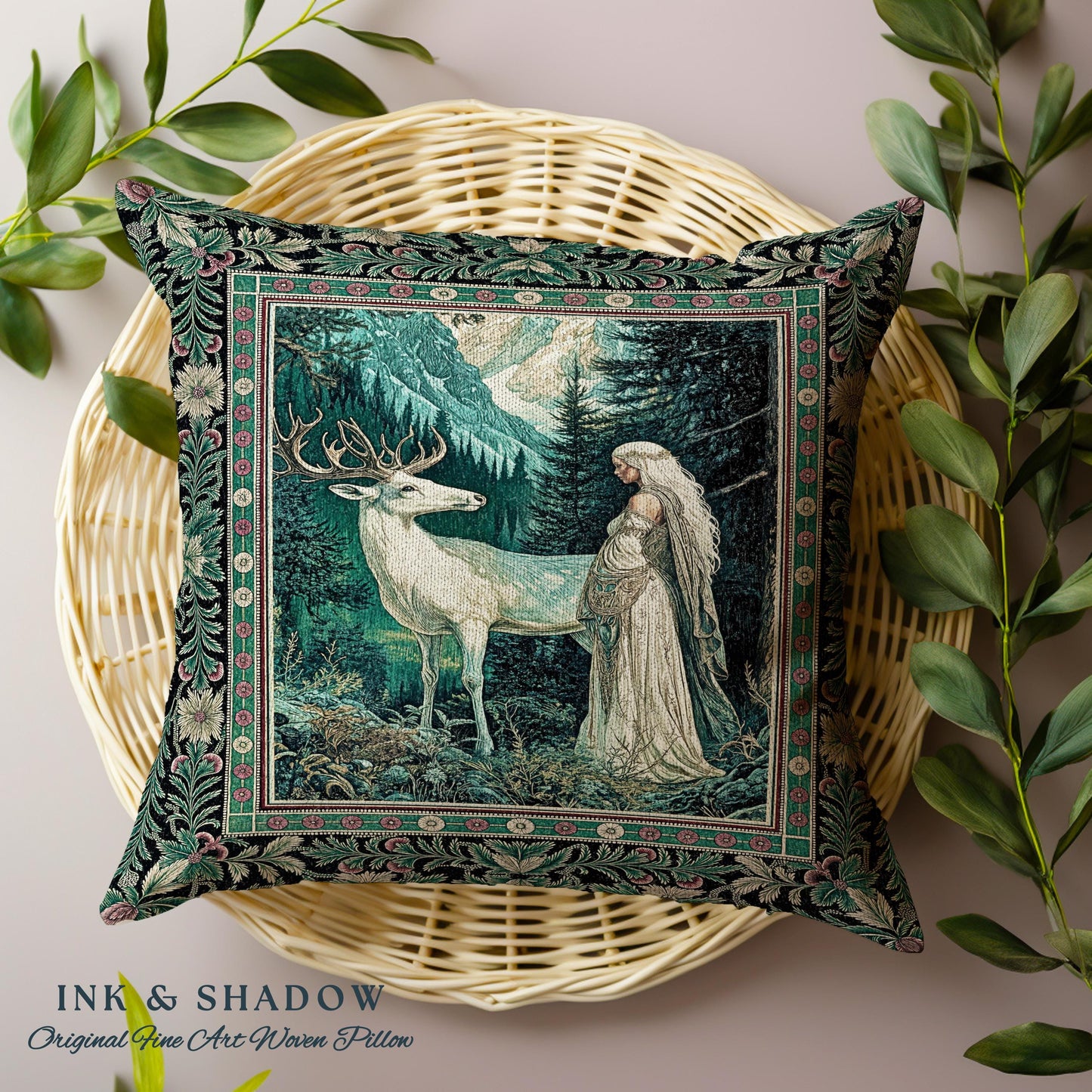 Magic Forest Princess Woven Throw Pillow | Fairytale Fantasy Renaissance Dark Academia Forest Ethereal Woodland Folklore Tapestry Cushion |