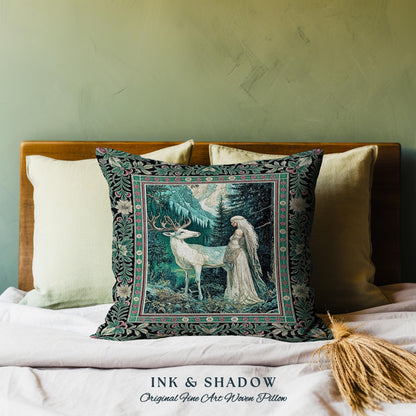 Magic Forest Princess Woven Throw Pillow | Fairytale Fantasy Renaissance Dark Academia Forest Ethereal Woodland Folklore Tapestry Cushion |