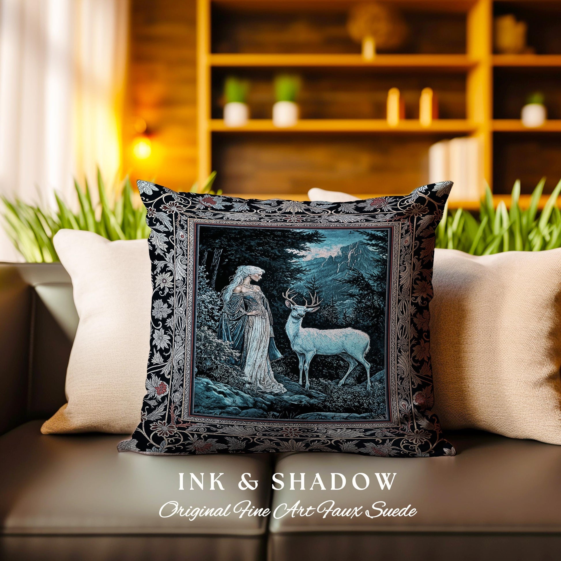 Dreamy Aesthetic Folklore Tapestry Pillow | Moody Landscape Dreamy Woodland Gothic Nature Spirit Botanical Woven Cushion Botanical Fantasy |