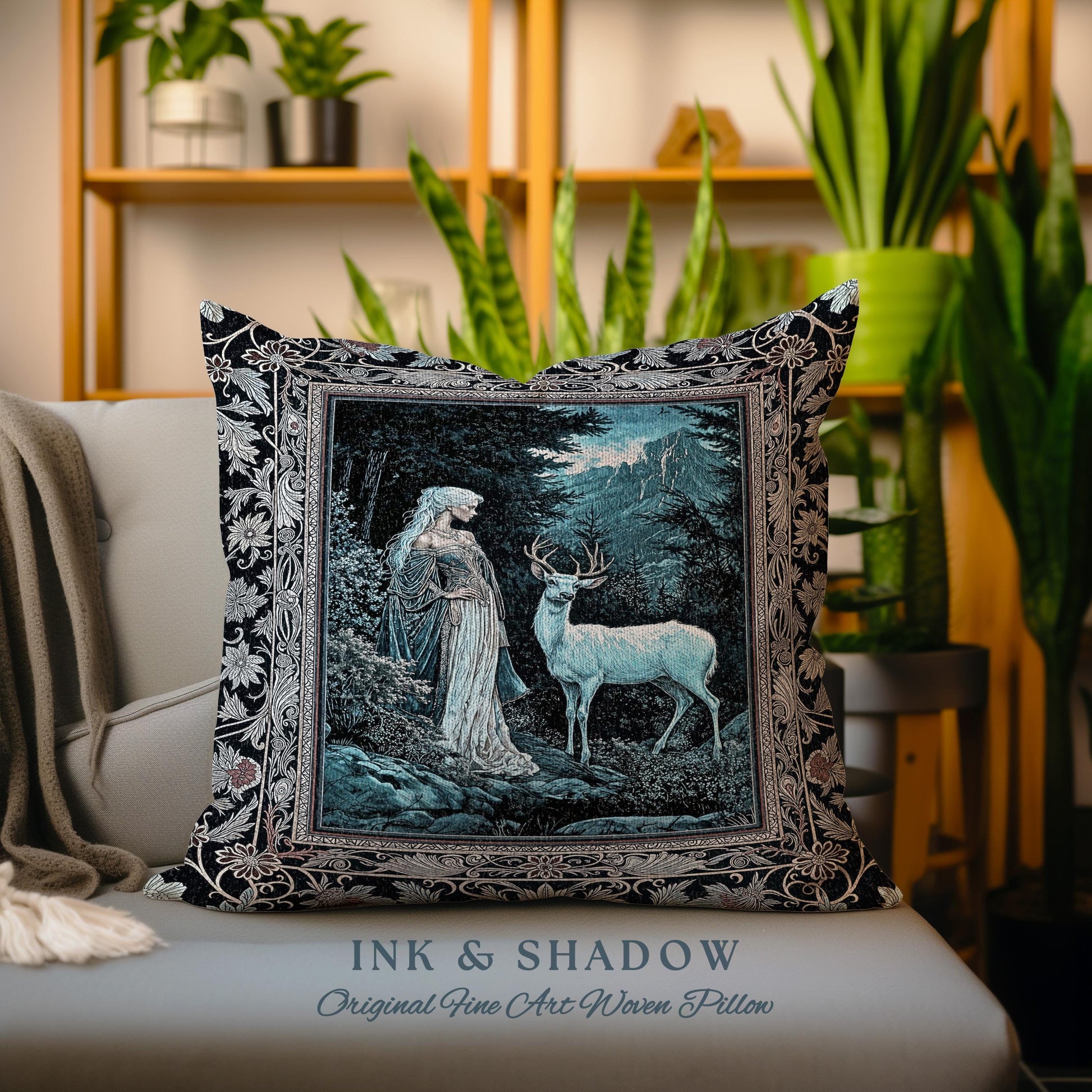 Dreamy Aesthetic Folklore Tapestry Pillow | Moody Landscape Dreamy Woodland Gothic Nature Spirit Botanical Woven Cushion Botanical Fantasy |