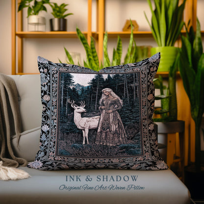 Gothic Forest Spirit Tapestry Pillow | Dark Academia Storybook Aesthetic Witchy Baroque Cushion Forest Nymph Whimsigothic Fantasy Inspired |