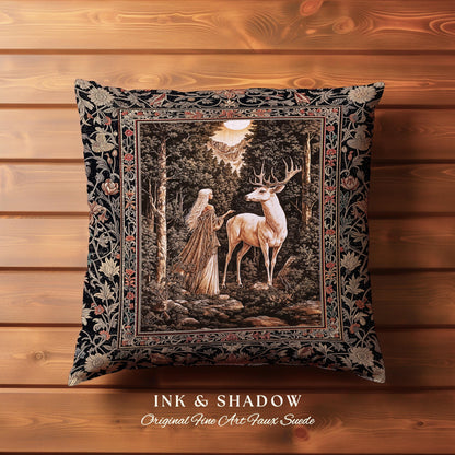 Gothic Woodland Fantasy Throw Pillow | Folklore inspired Nature Landscape Fantasy Aesthetic Woven Tapestry Cushion Victorian Dark Academia |