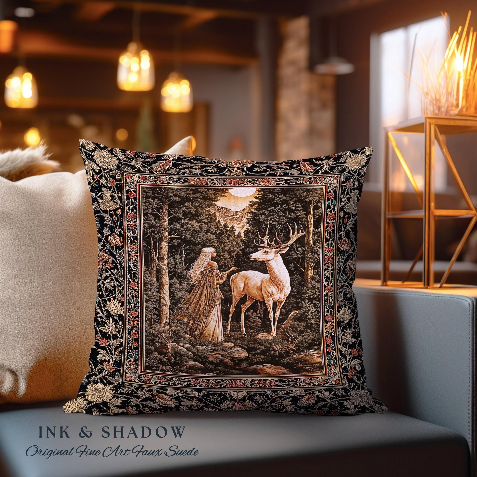 Gothic Woodland Fantasy Throw Pillow | Folklore inspired Nature Landscape Fantasy Aesthetic Woven Tapestry Cushion Victorian Dark Academia |