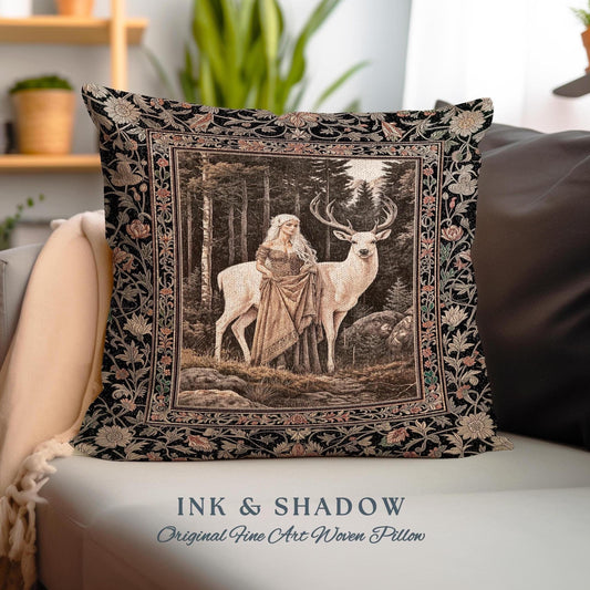 Enchanting Forest Spirit Pillow | Magical Meadow Fairycore Woven Tapestry Pillow Ethereal Woodland Princess Renaissance Aesthetic Gothic |