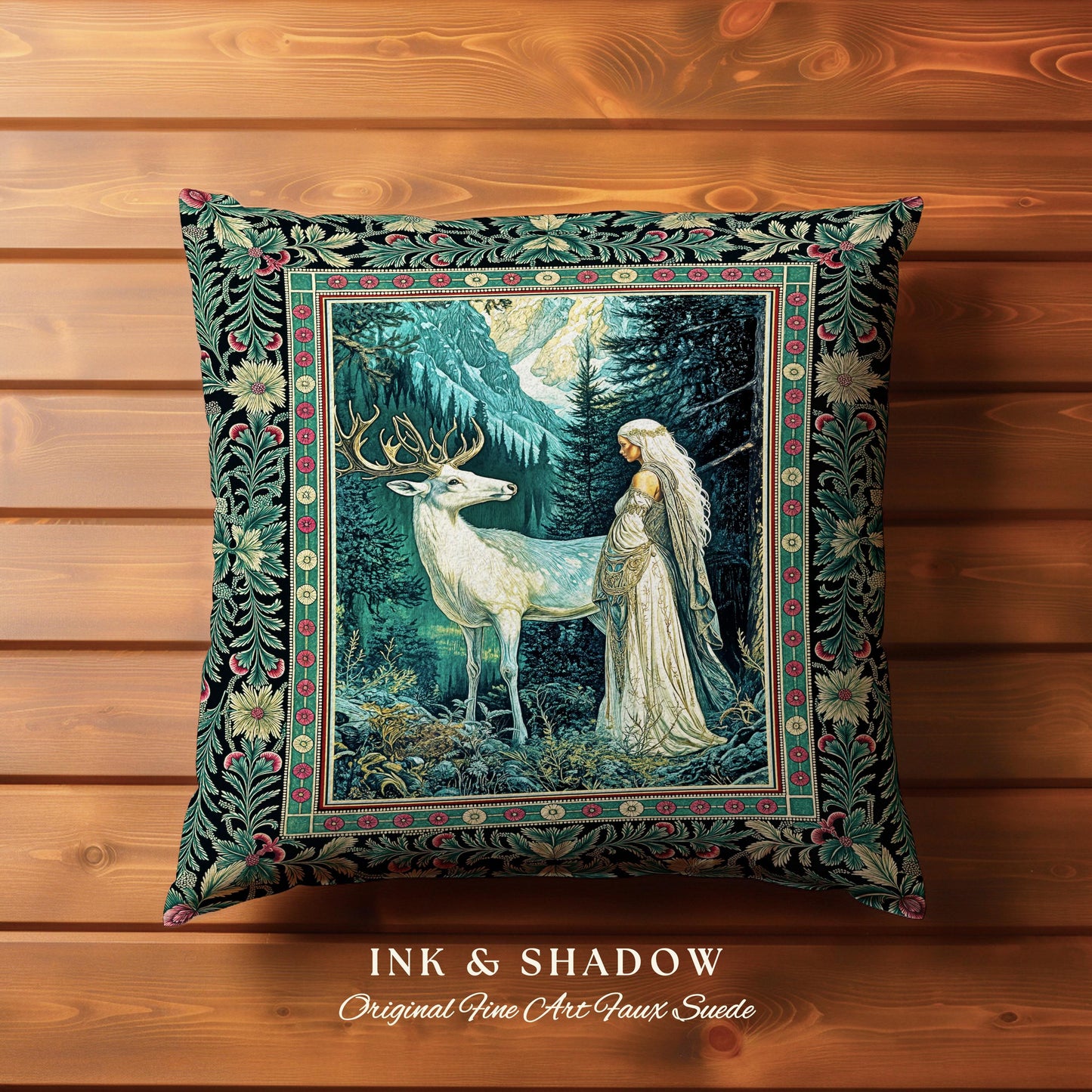 Magic Forest Princess Woven Throw Pillow | Fairytale Fantasy Renaissance Dark Academia Forest Ethereal Woodland Folklore Tapestry Cushion |