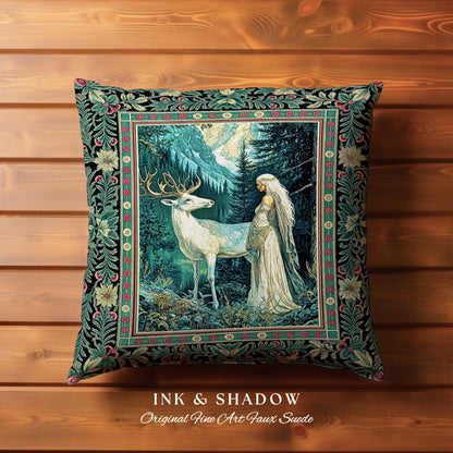 Magic Forest Princess Woven Throw Pillow | Fairytale Fantasy Renaissance Dark Academia Forest Ethereal Woodland Folklore Tapestry Cushion |