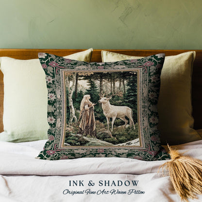 Emerald Forest Spirits Throw Pillow | Botanical Elegance Woodland Spirits Dark Green Cushion Goth Fairycore Romantic Aesthetic Gothic Deer