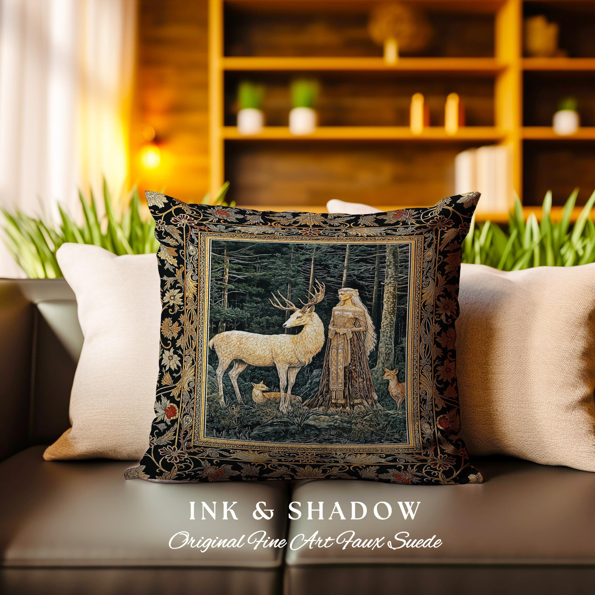 Dark Renaissance Woodland Pillow | Elegant Fairycore Tapestry Pillow Woven Mythic Landscape Gothic Forest Spirit Animal Cushion Forest Nymph