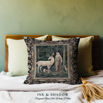 Dark Renaissance Woodland Pillow | Elegant Fairycore Tapestry Pillow Woven Mythic Landscape Gothic Forest Spirit Animal Cushion Forest Nymph