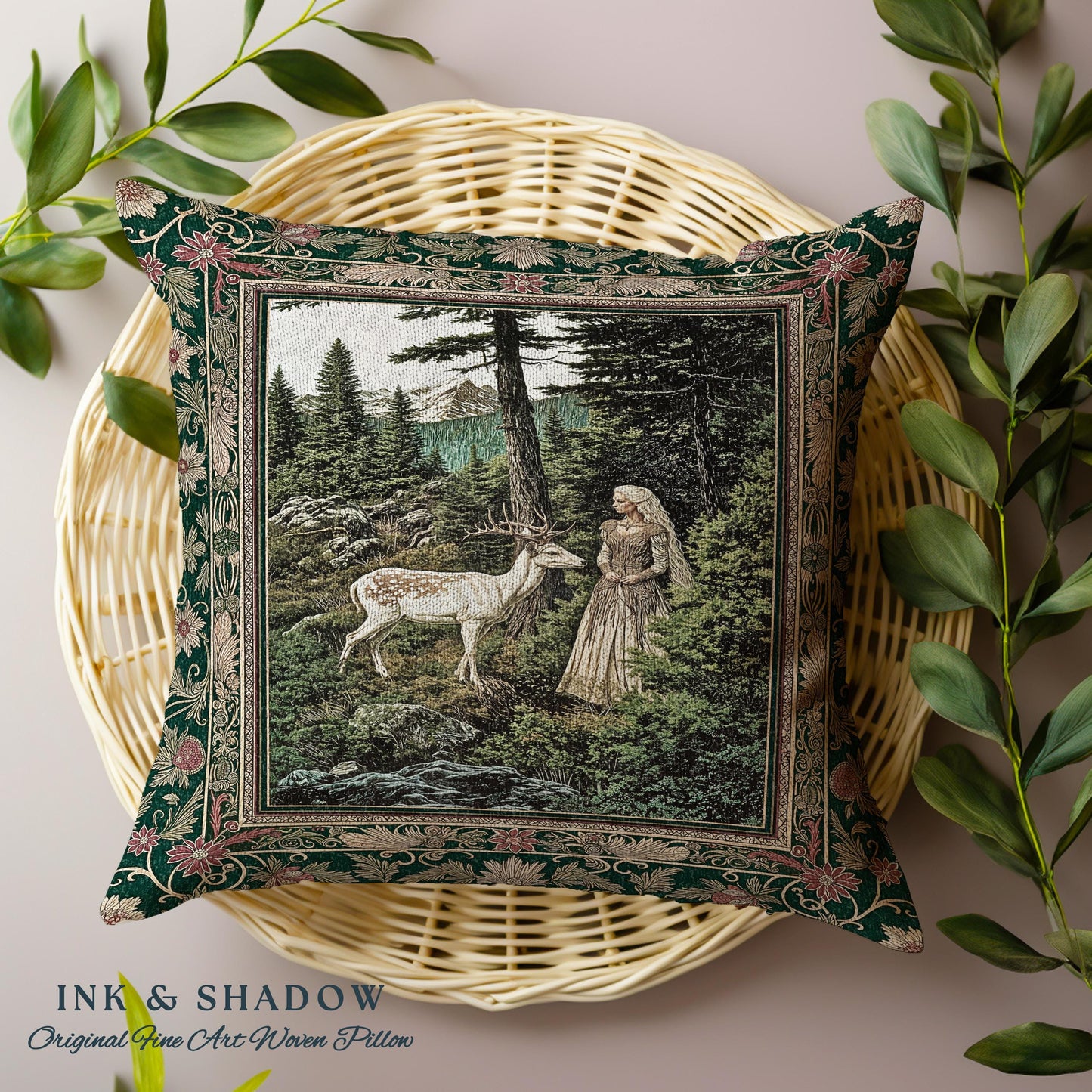 Fairytale Forest Fantasy Throw Pillow | Woodland Whimsy Nymph Tapestry Cushion Woven Emerald Green Dark Fairycore Romantic Victorian Goth |