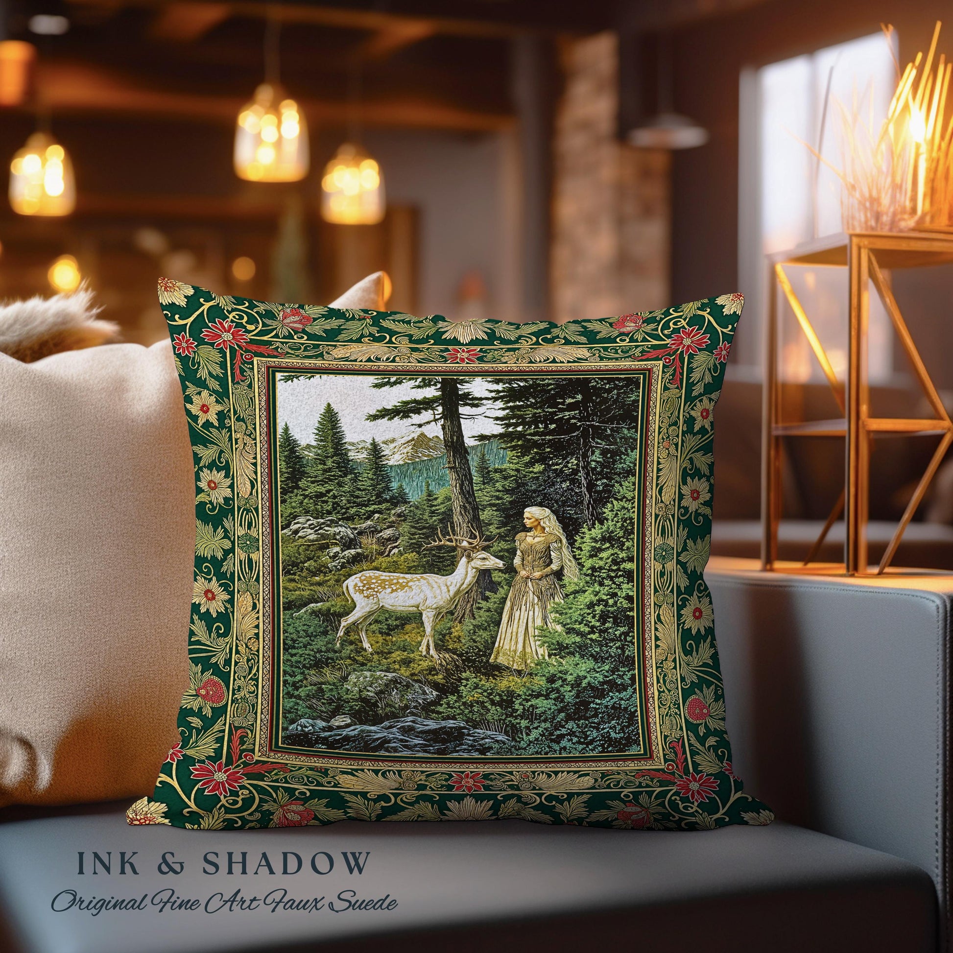 Fairytale Forest Fantasy Throw Pillow | Woodland Whimsy Nymph Tapestry Cushion Woven Emerald Green Dark Fairycore Romantic Victorian Goth |